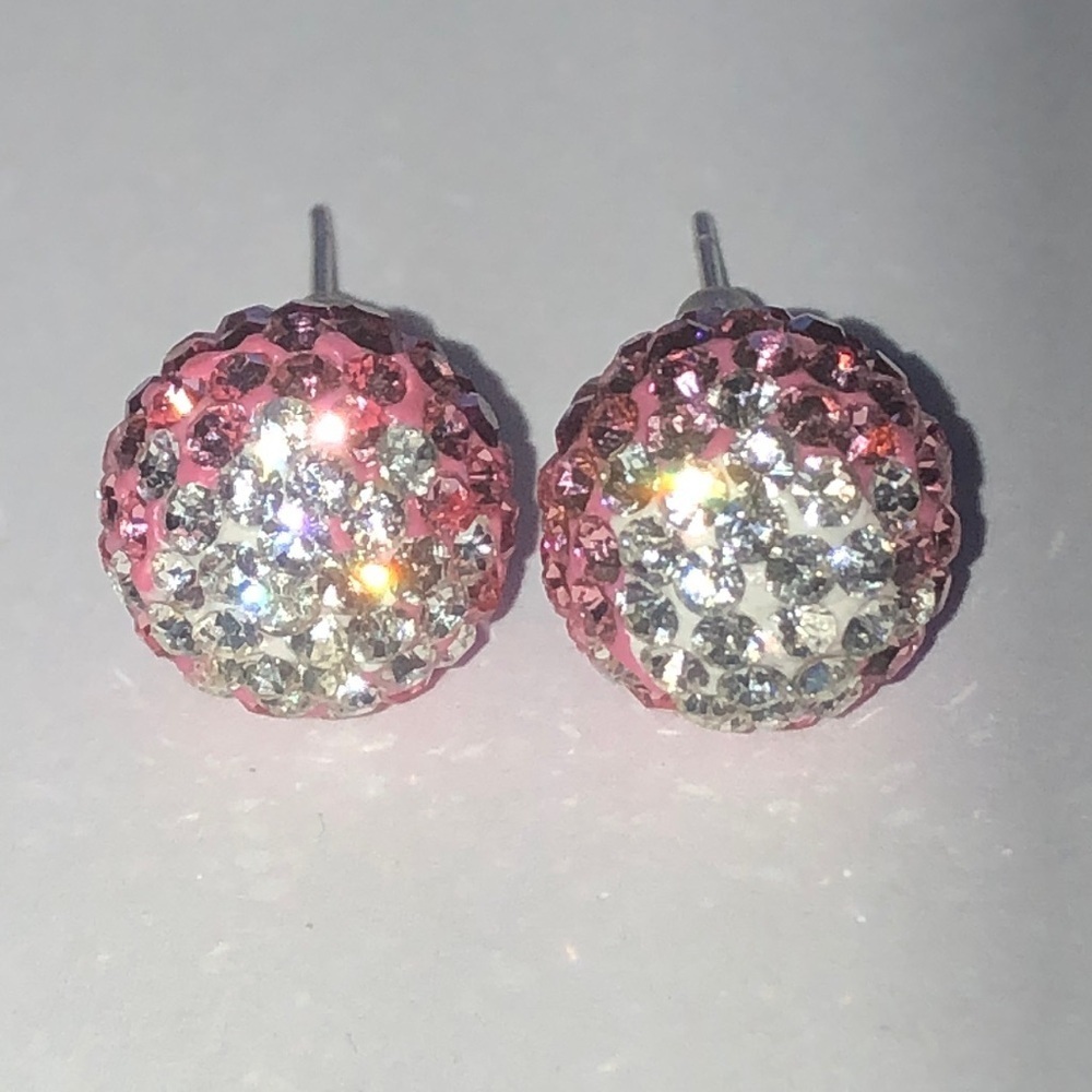 Pink Ombré and Silver Tone CZ  Rhinestone Ball Stud Boho Earrings - Picture 2 of 6